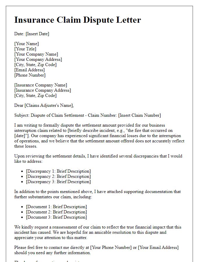 Letter template of disputing insurance claim settlement for business interruption.