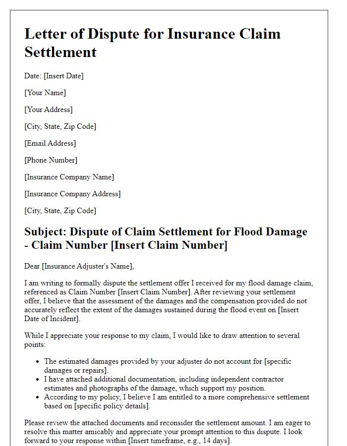 Letter template of disputing insurance claim settlement for flood damage.