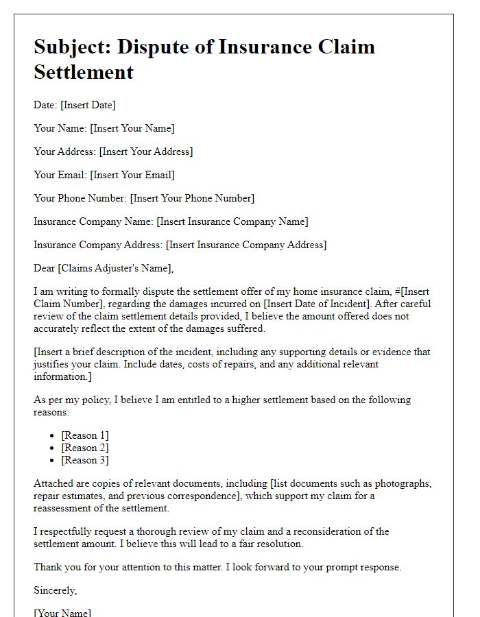 Letter template of disputing insurance claim settlement for home insurance.