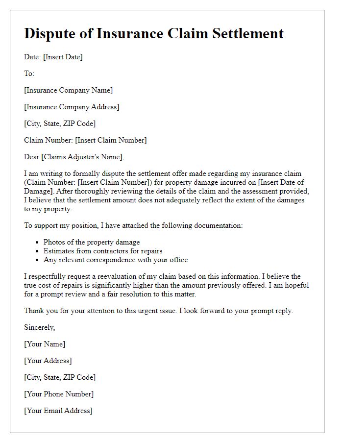 Letter template of disputing insurance claim settlement for property damage.