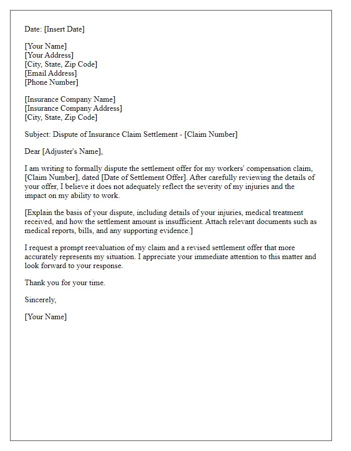 Letter template of disputing insurance claim settlement for workers' compensation.