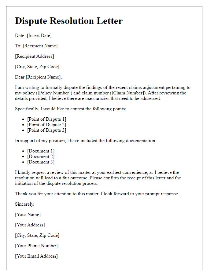 Letter template of claims adjuster dispute resolution.