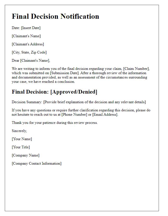 Letter template of claims adjuster final decision notification.