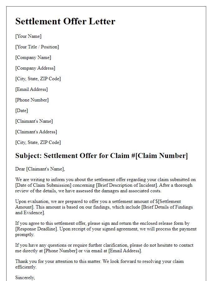 Letter template of claims adjuster settlement offer.