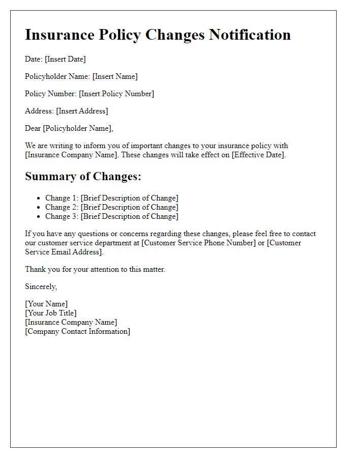 Letter template of insurance policy changes notification