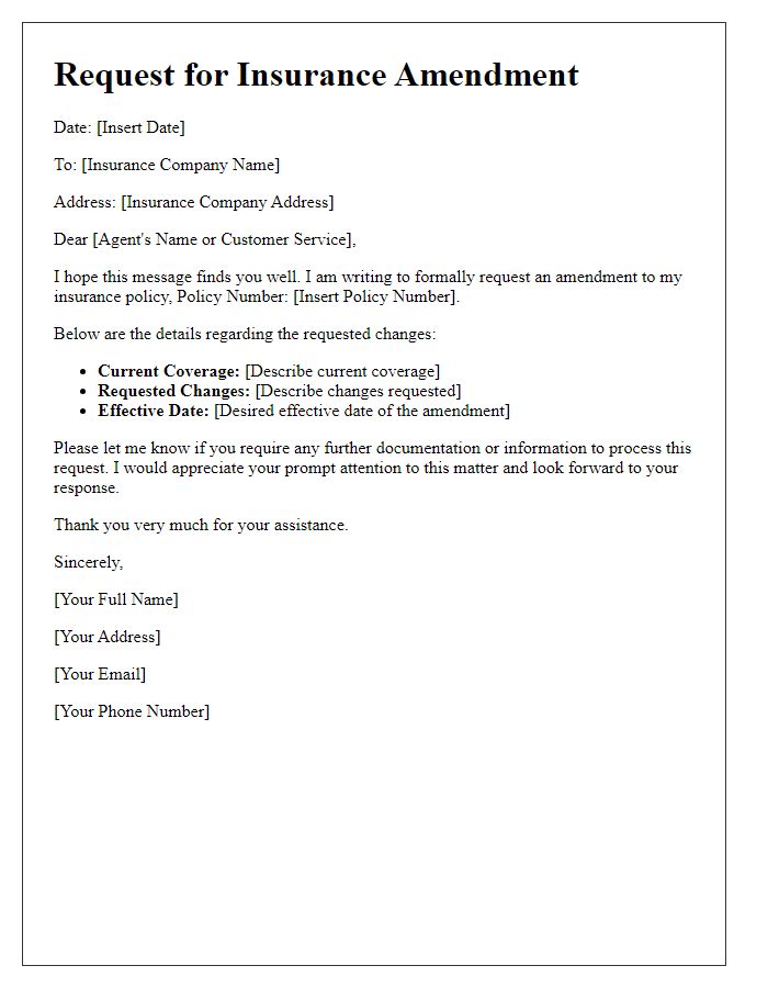 Letter template of policyholder request for insurance amendment