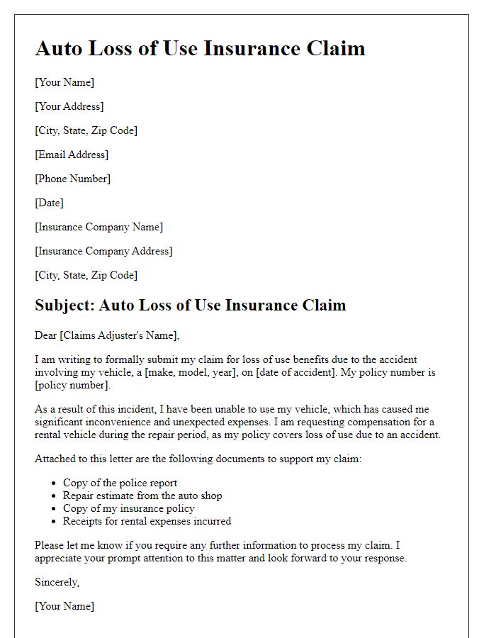 Letter template of auto loss of use insurance claim