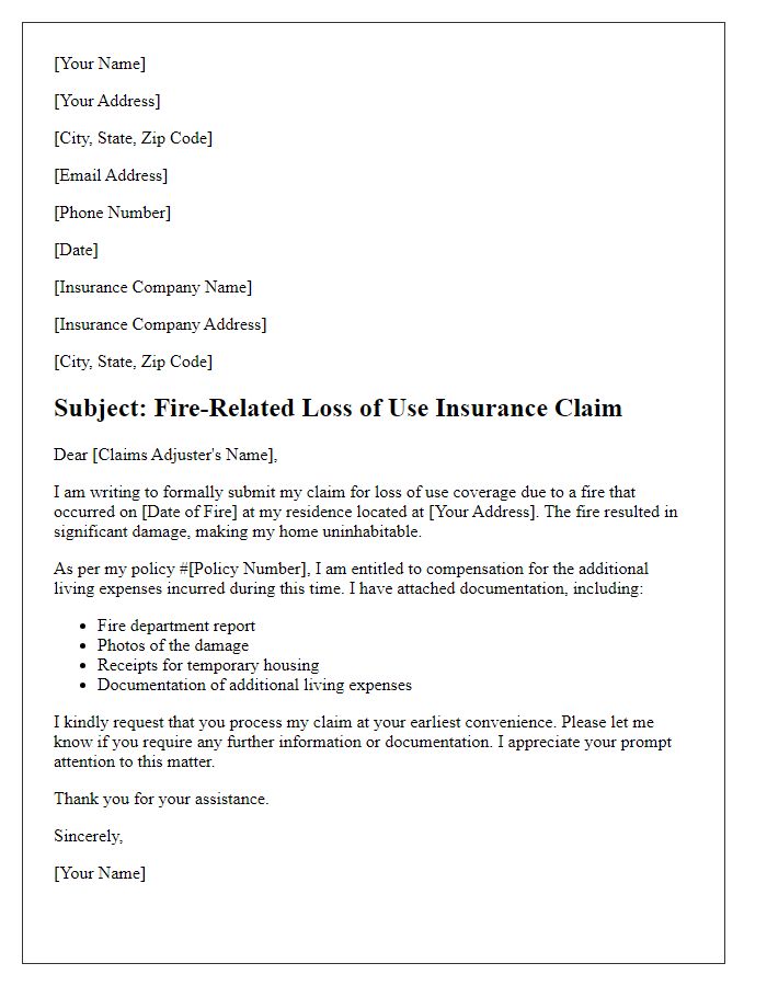 Letter template of fire-related loss of use insurance claim