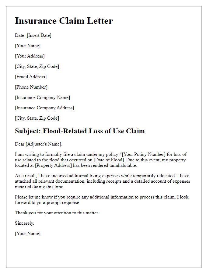 Letter template of flood-related loss of use insurance claim