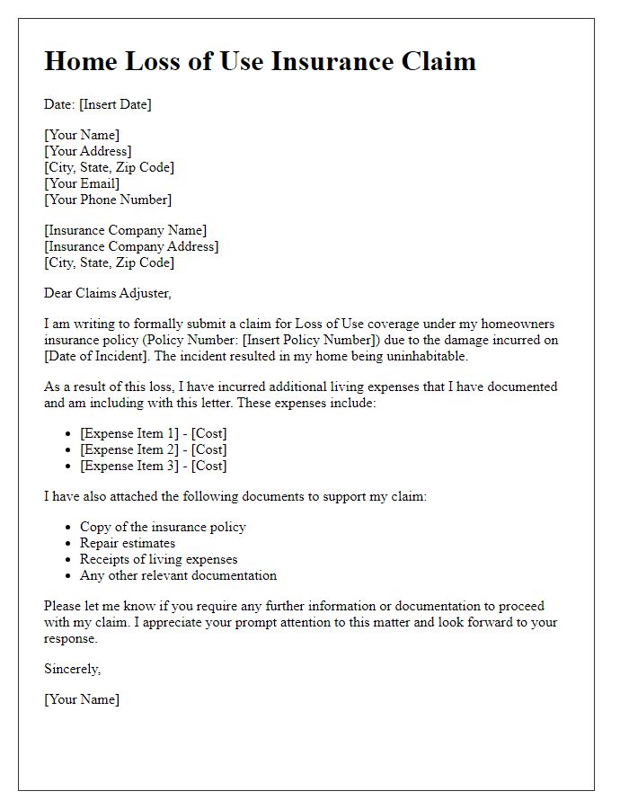 Letter template of home loss of use insurance claim