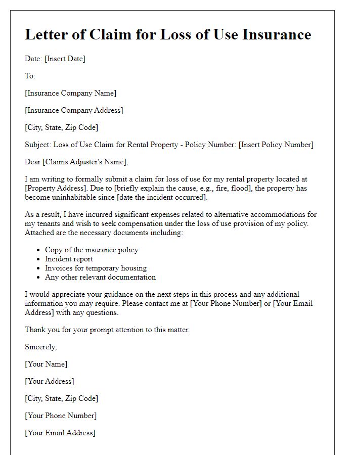 Letter template of rental property loss of use insurance claim