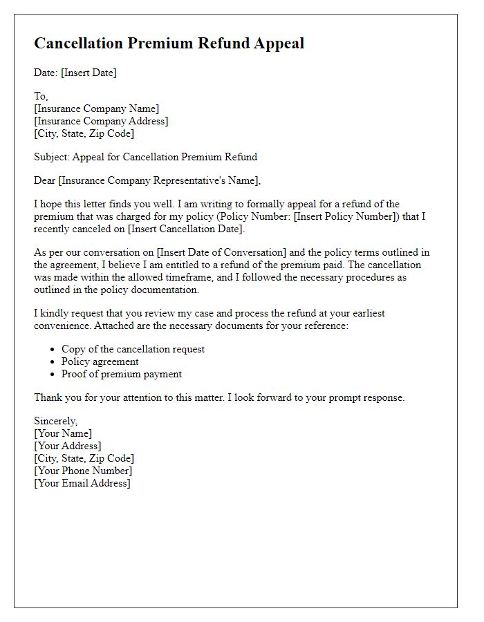 Letter template of cancellation premium refund appeal