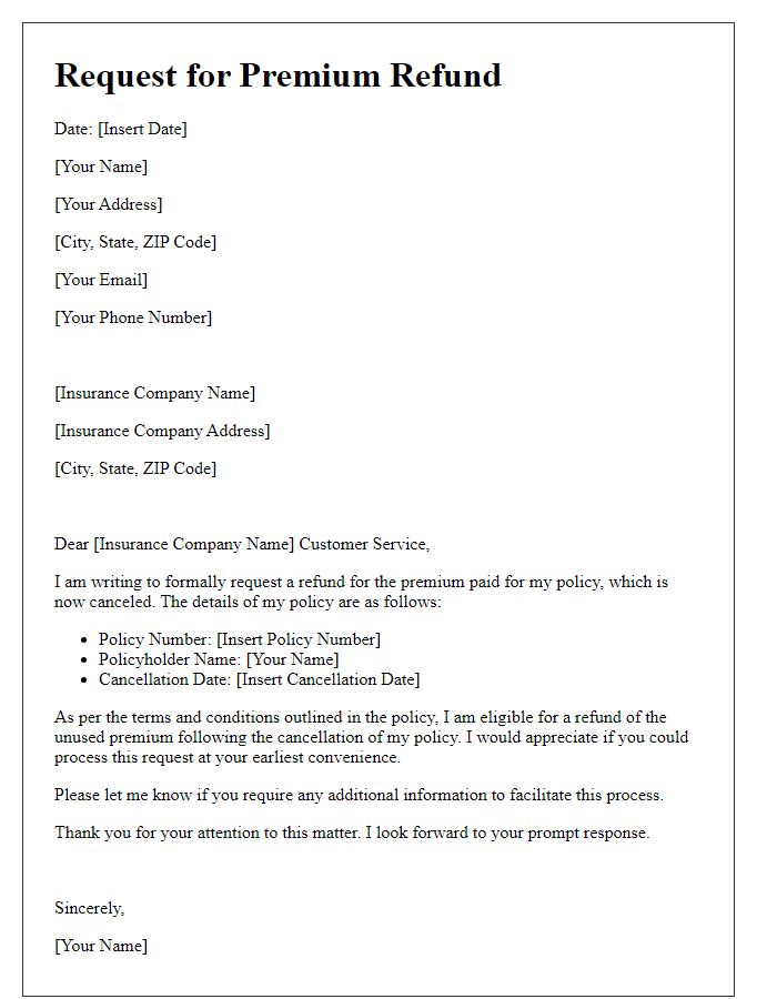 Letter template of premium refund request post-policy cancellation