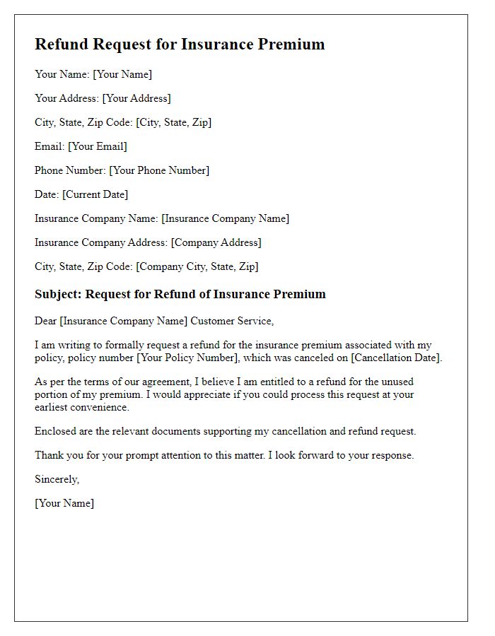 Letter template of refund request for insurance premium after cancellation