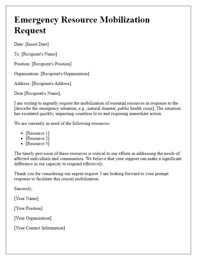 Letter template of essential request for emergency resource mobilization