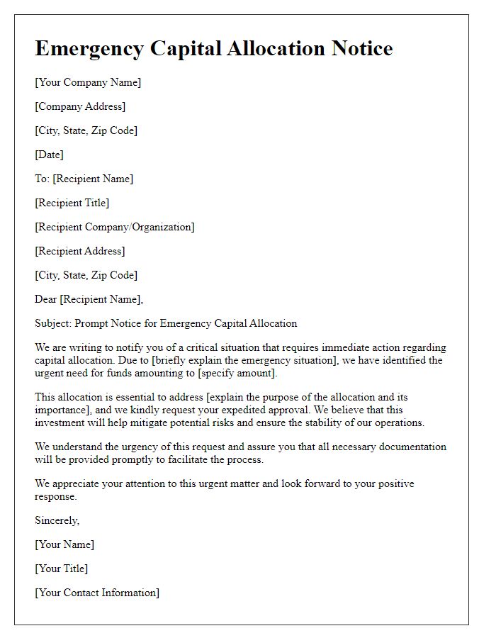 Letter template of prompt notice for emergency capital allocation