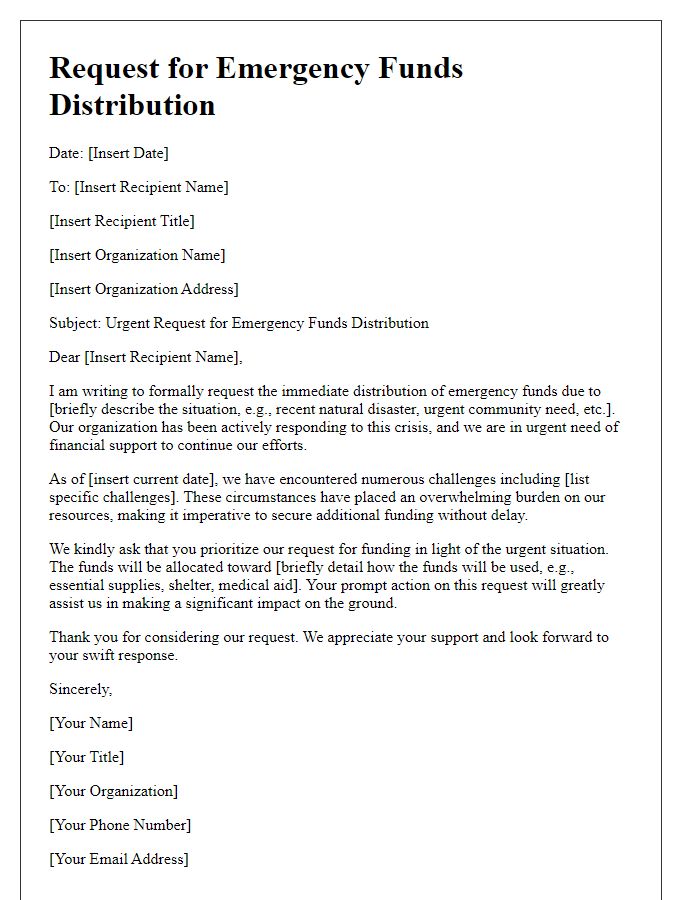 Letter template of rapid demand for emergency funds distribution