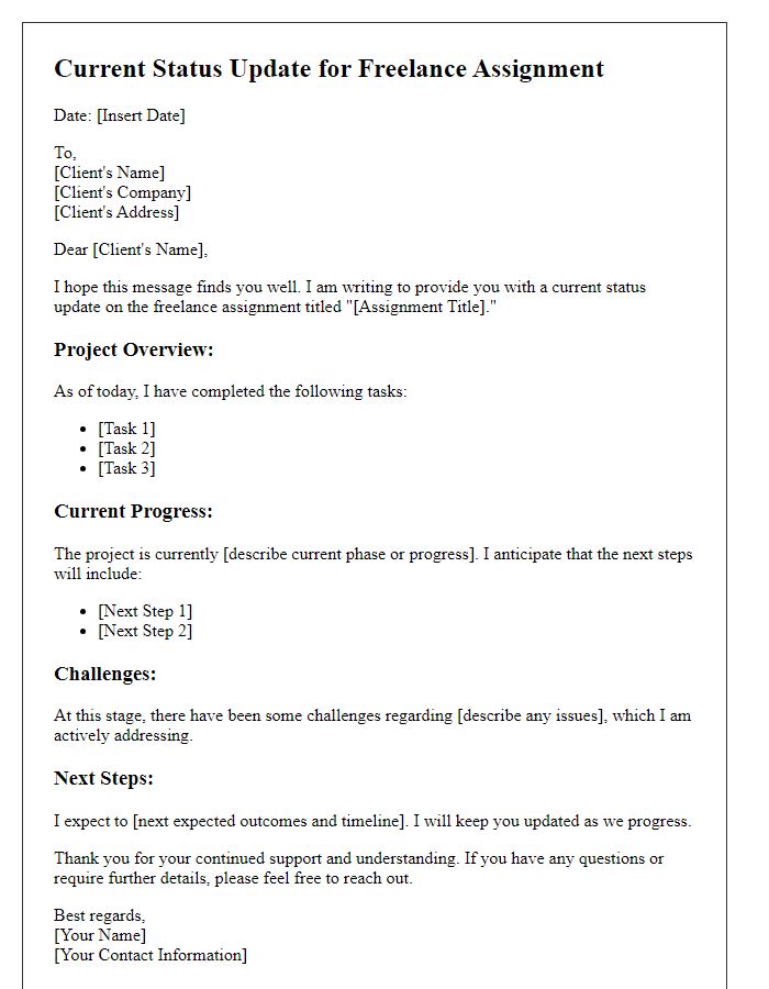 Letter template of Current Status for Freelance Assignment