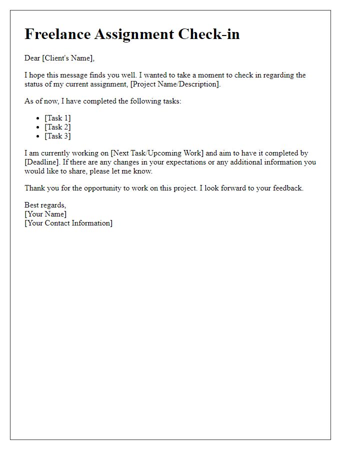 Letter template of Freelance Assignment Check-in