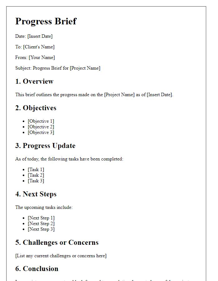 Letter template of Progress Brief for Freelance Work