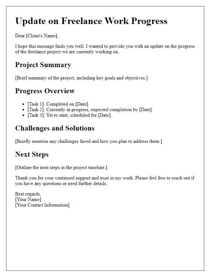 Letter template of Update on Freelance Work Progress