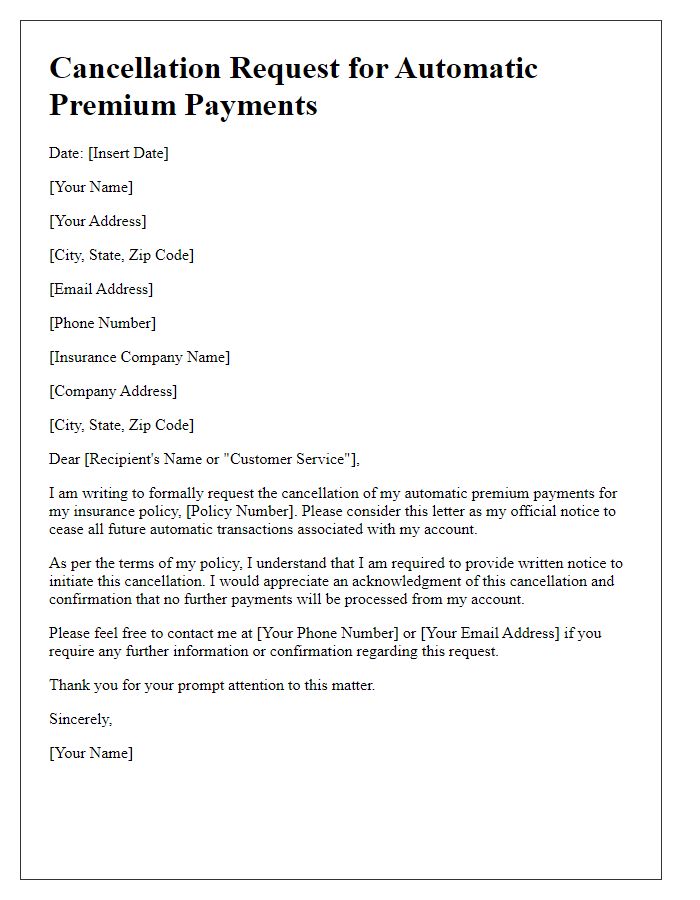 Letter template of cancellation request for automatic premium payments