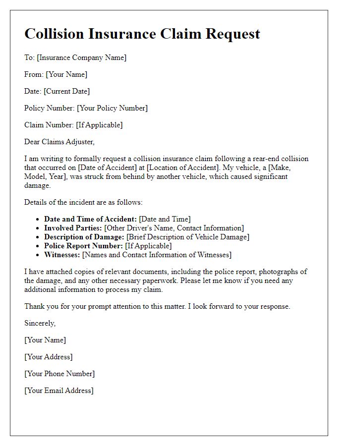 Letter template of collision insurance claim request following a rear-end collision.