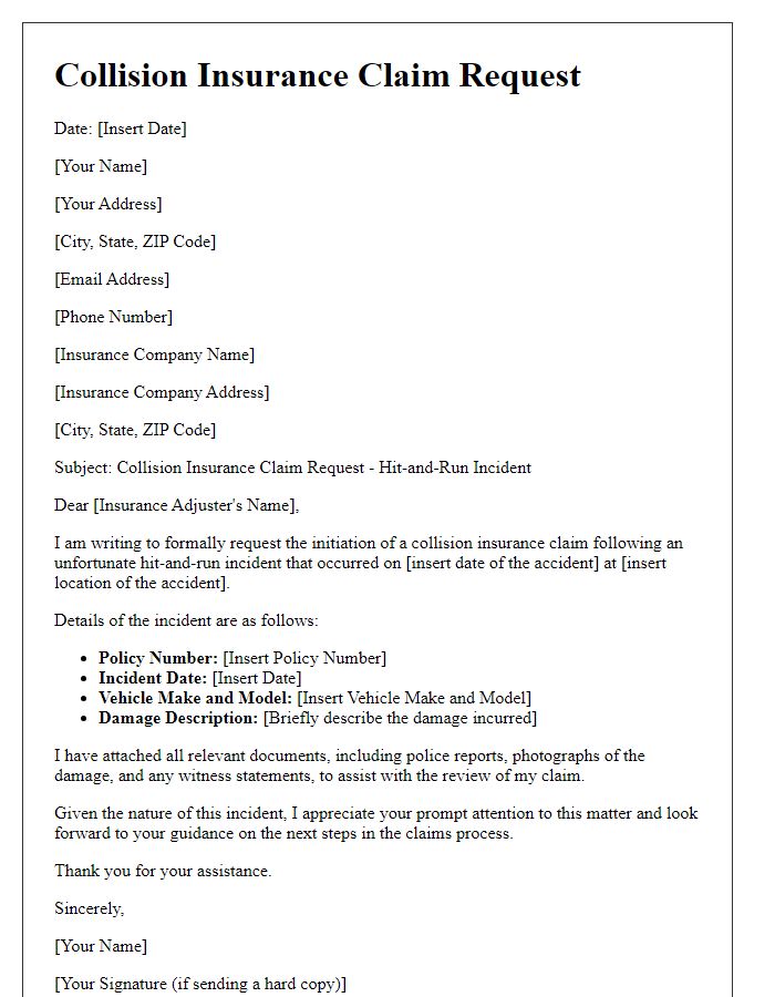 Letter template of collision insurance claim request for hit-and-run incidents.