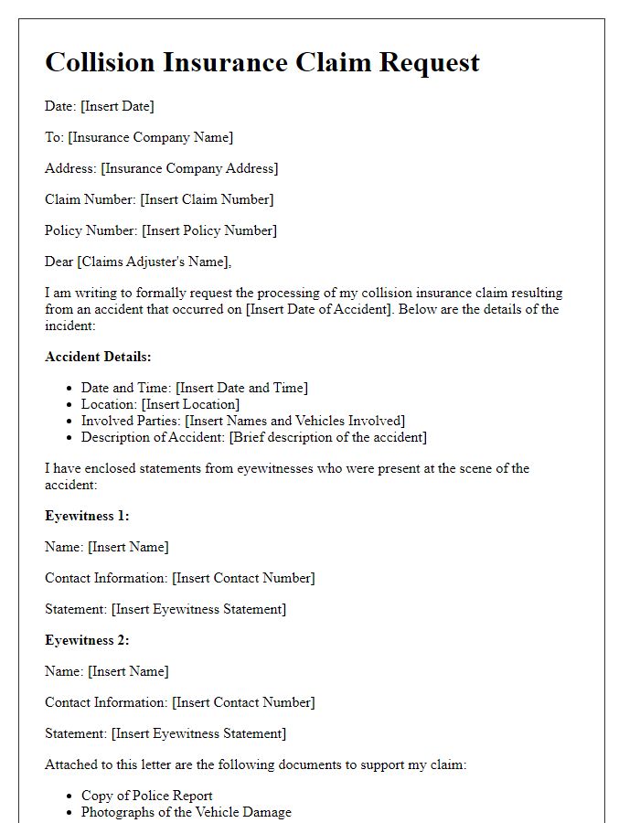 Letter template of collision insurance claim request including eyewitness statements.