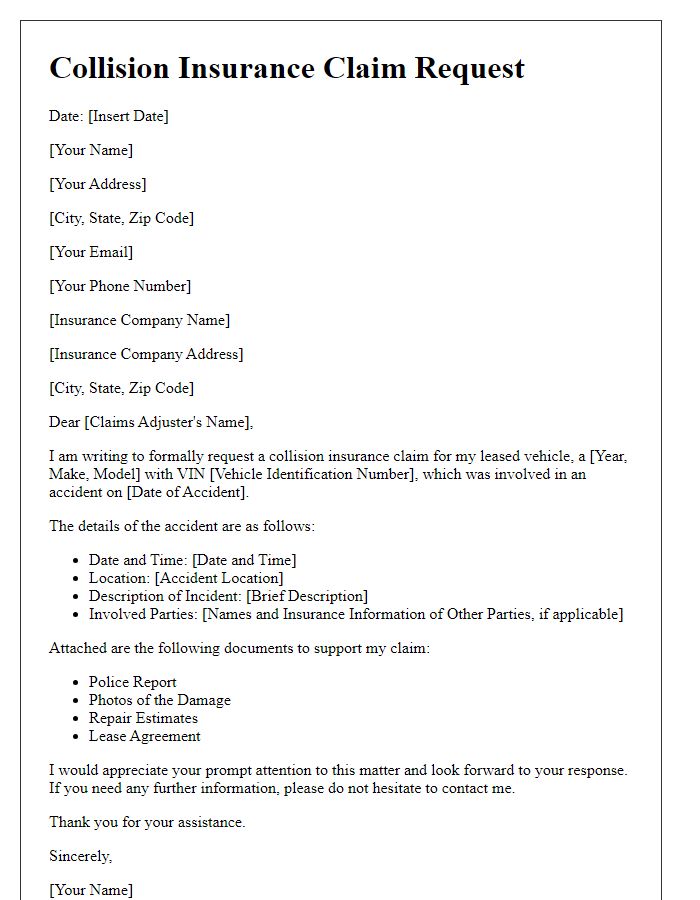 Letter template of collision insurance claim request for leased vehicles.