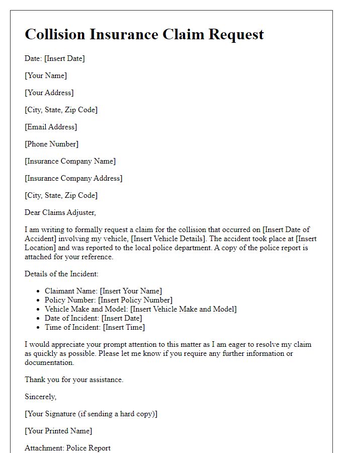 Letter template of collision insurance claim request with police report attachment.