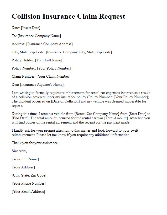 Letter template of collision insurance claim request for rental car reimbursement.