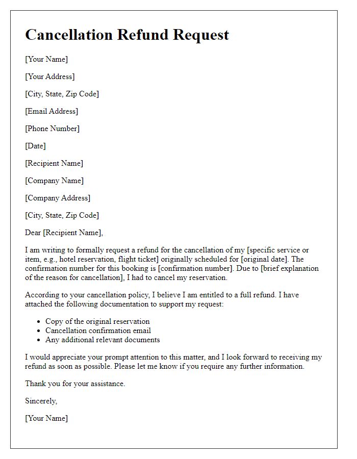 Letter template of cancellation refund request with attached documentation