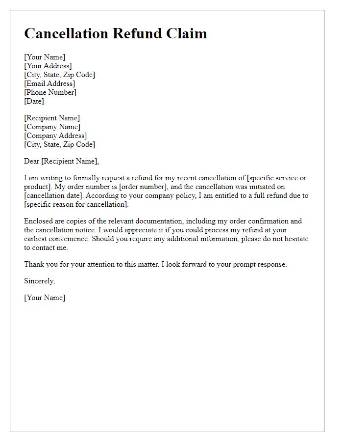 Letter template of formal cancellation refund claim