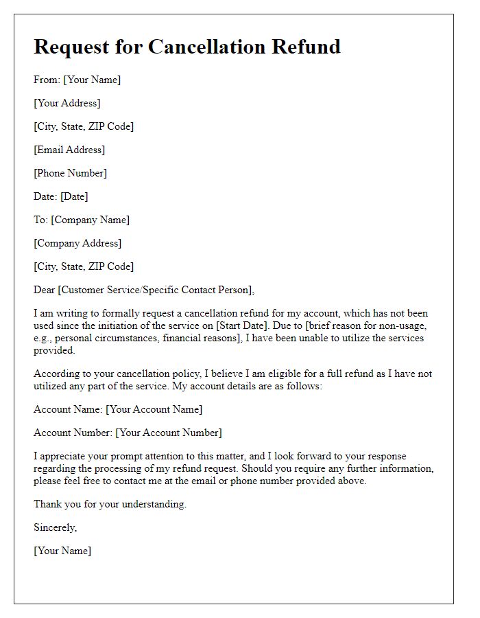 Letter template of request for cancellation refund after non-usage