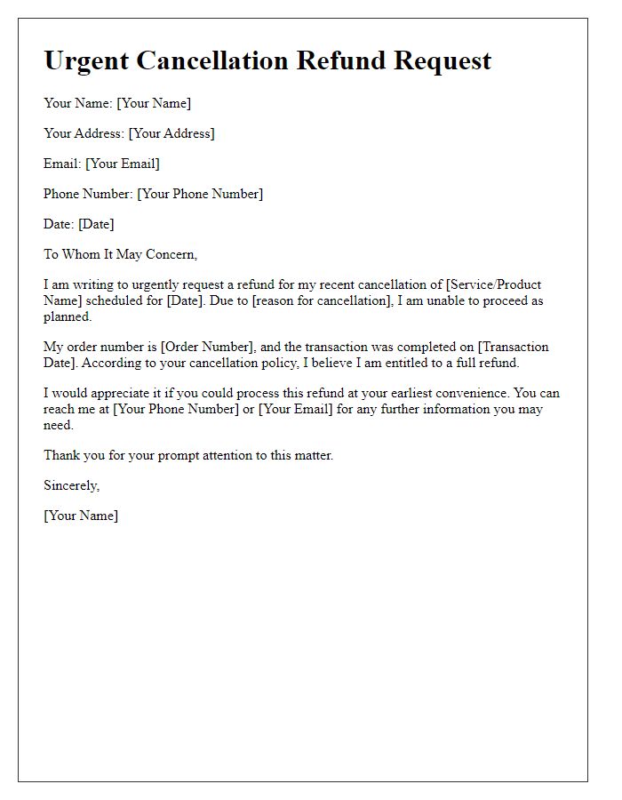 Letter template of urgent cancellation refund request