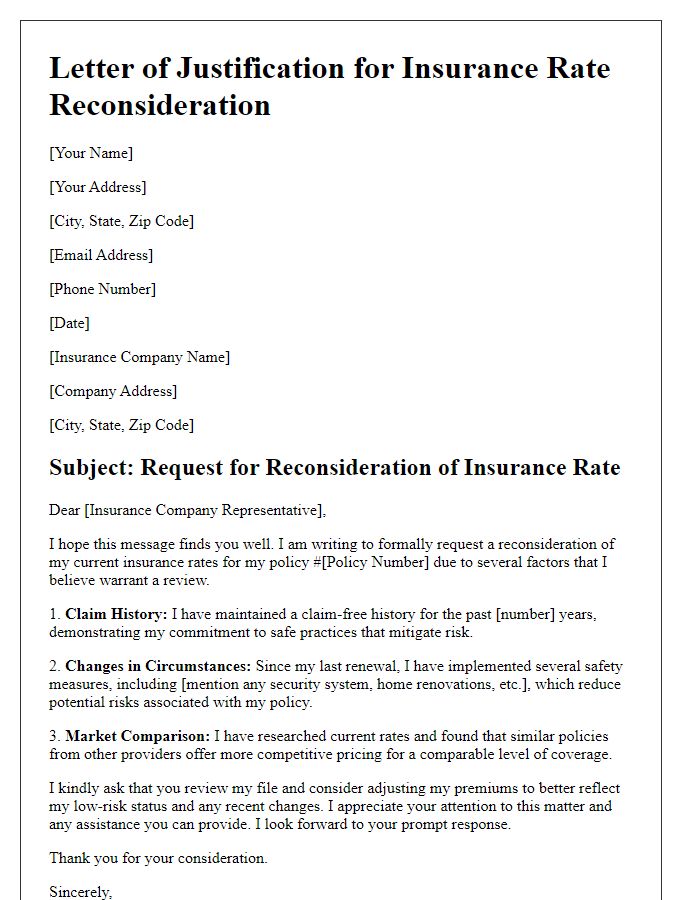 Letter template of justification for insurance rate reconsideration