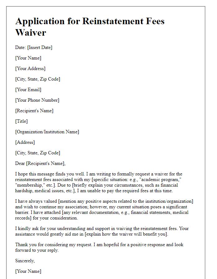 Letter template of application for reinstatement fees waiver.