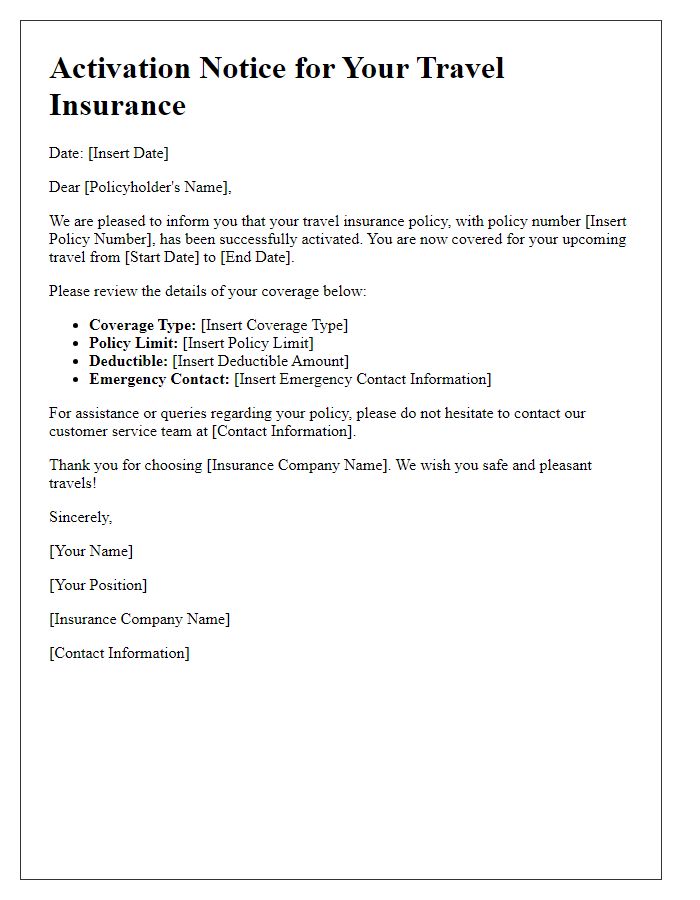 Letter template of activation notice for your travel insurance