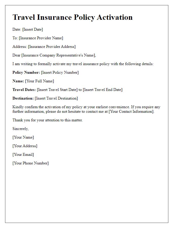 Letter template of activation for your travel insurance policy