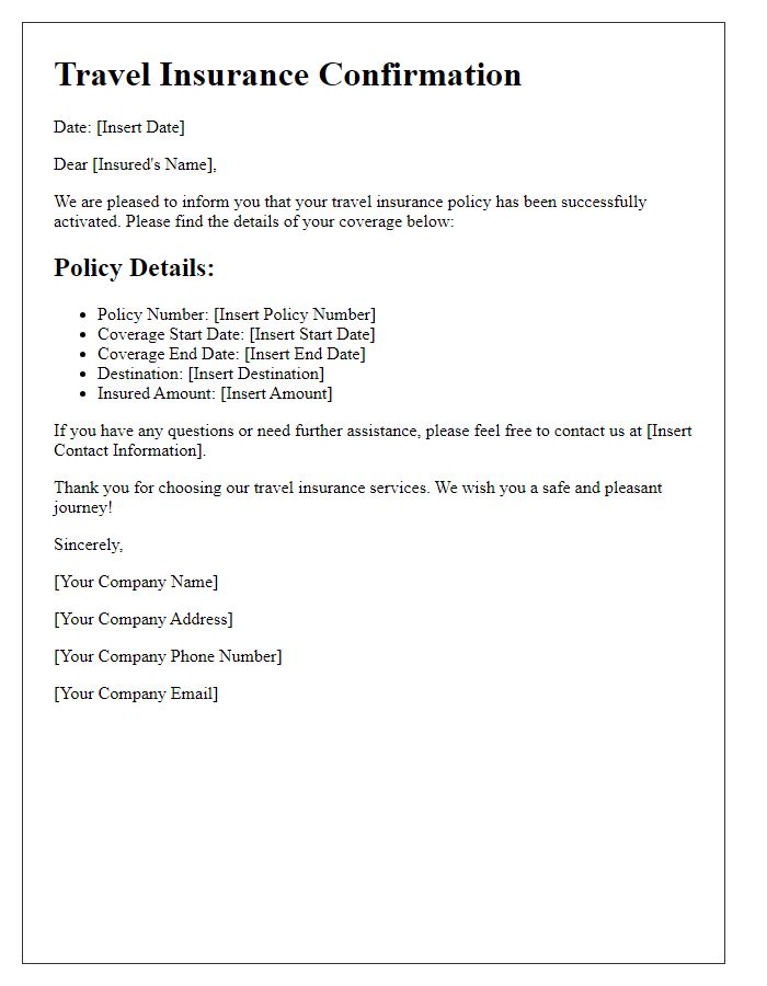 Letter template of confirmation for activated travel insurance