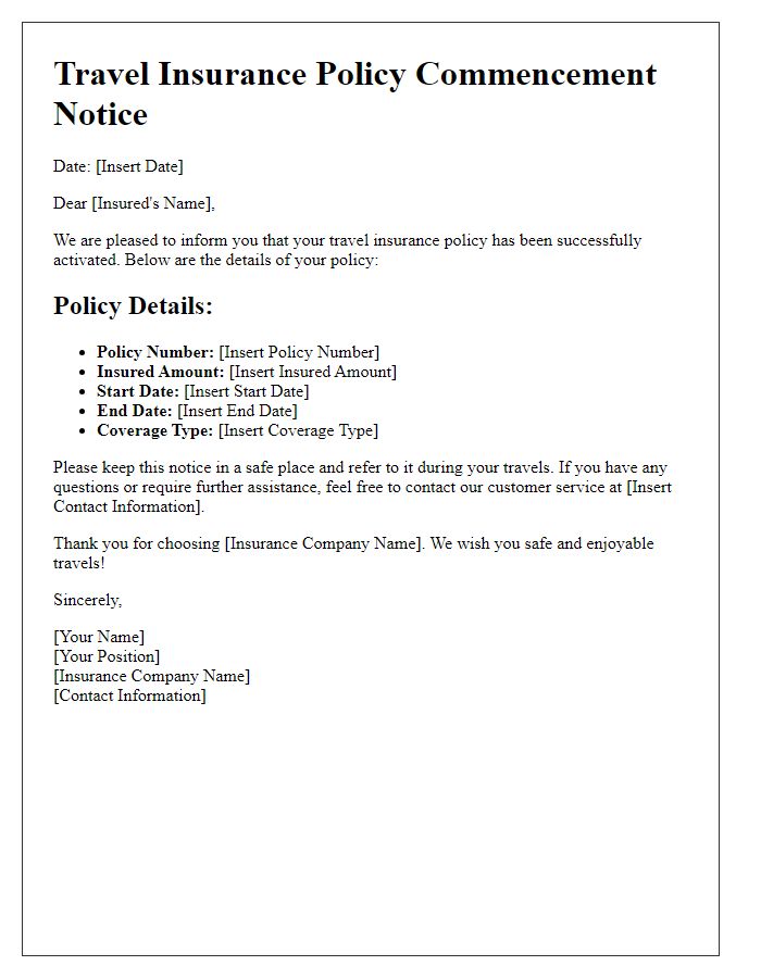 Letter template of travel insurance policy commencement notice