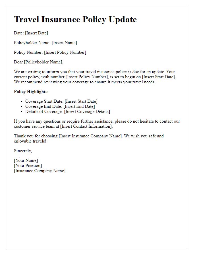 Letter template of travel insurance policy start update