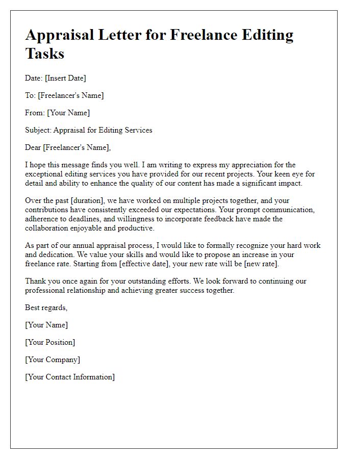 Letter template of appraisal for freelance editing tasks