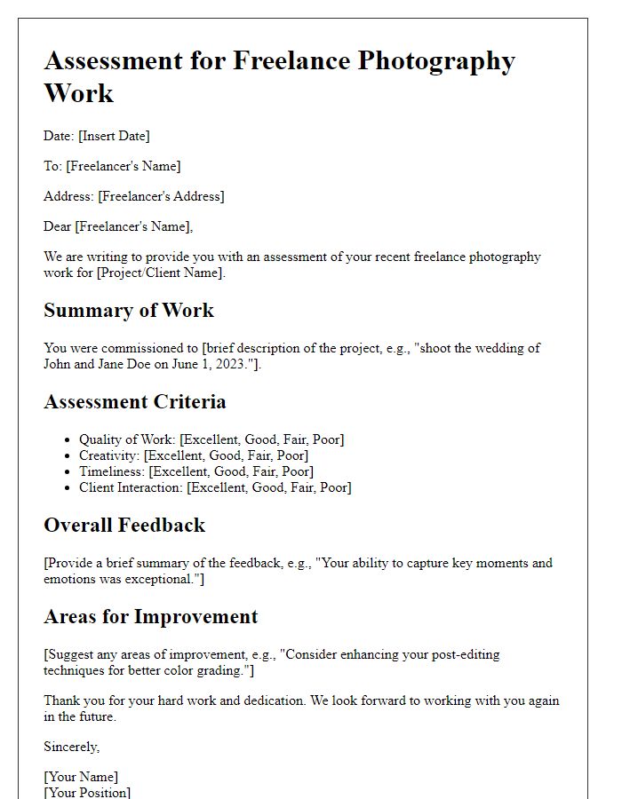 Letter template of assessment for freelance photography work