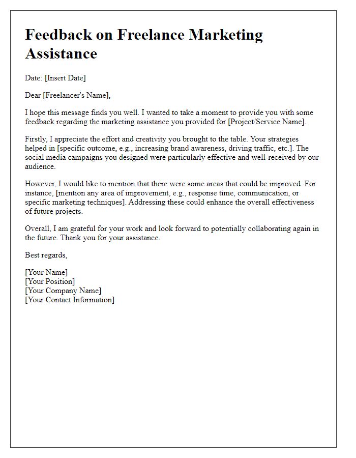 Letter template of comments on freelance marketing assistance