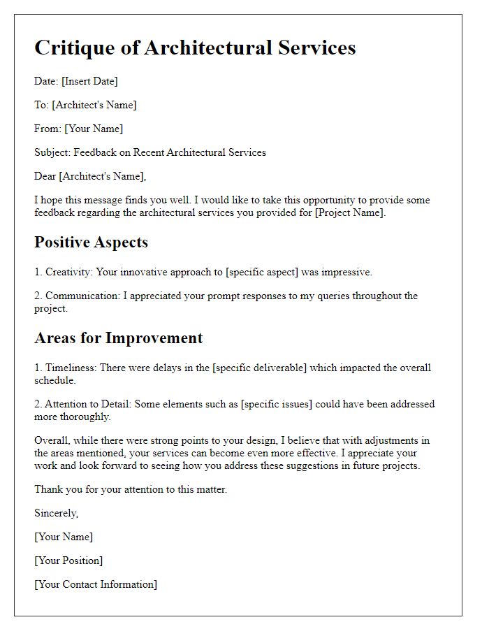 Letter template of critique for freelance architectural services