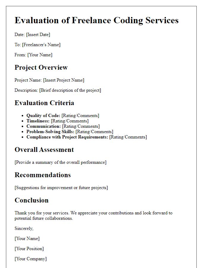 Letter template of evaluation for freelance coding services