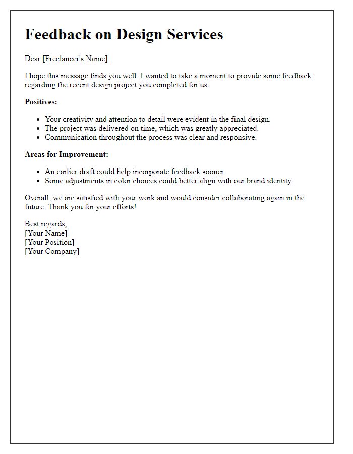 Letter template of feedback for freelance design services