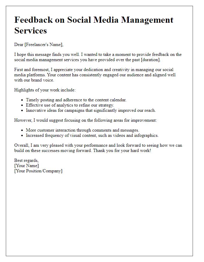 Letter template of feedback for freelance social media management